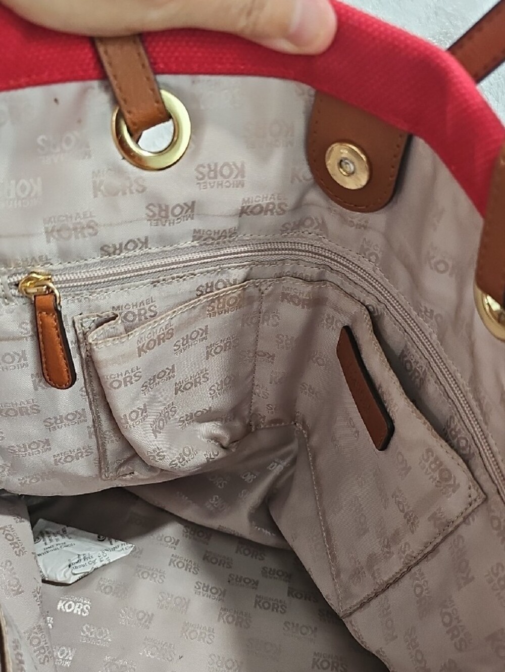 Michael Kors Red Canvas Tote with Brown Leather Handles and Gold MK Charm - Picture 5 of 17